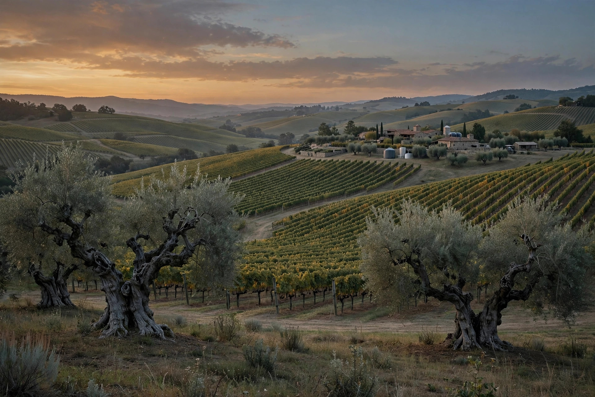 Vineyard estate at dusk among olive trees, Napa Valley
