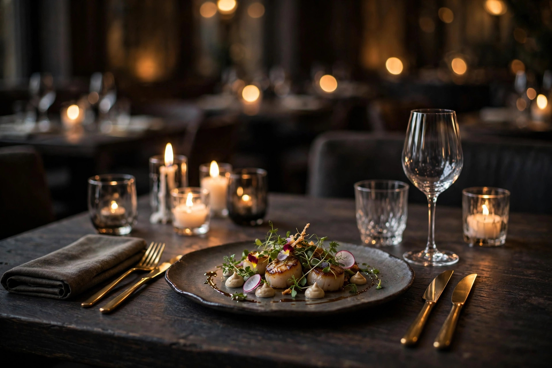 Candlelit fine-dining table with crystal glassware