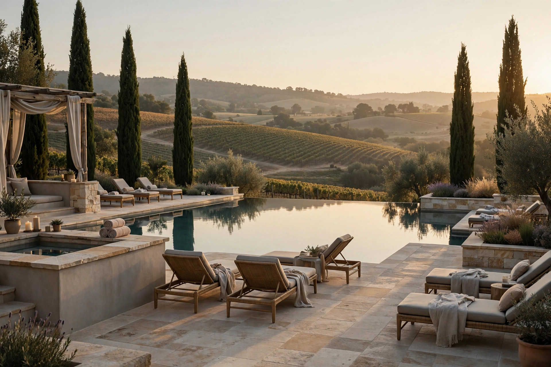 Resort pool and spa terrace at golden hour in wine country