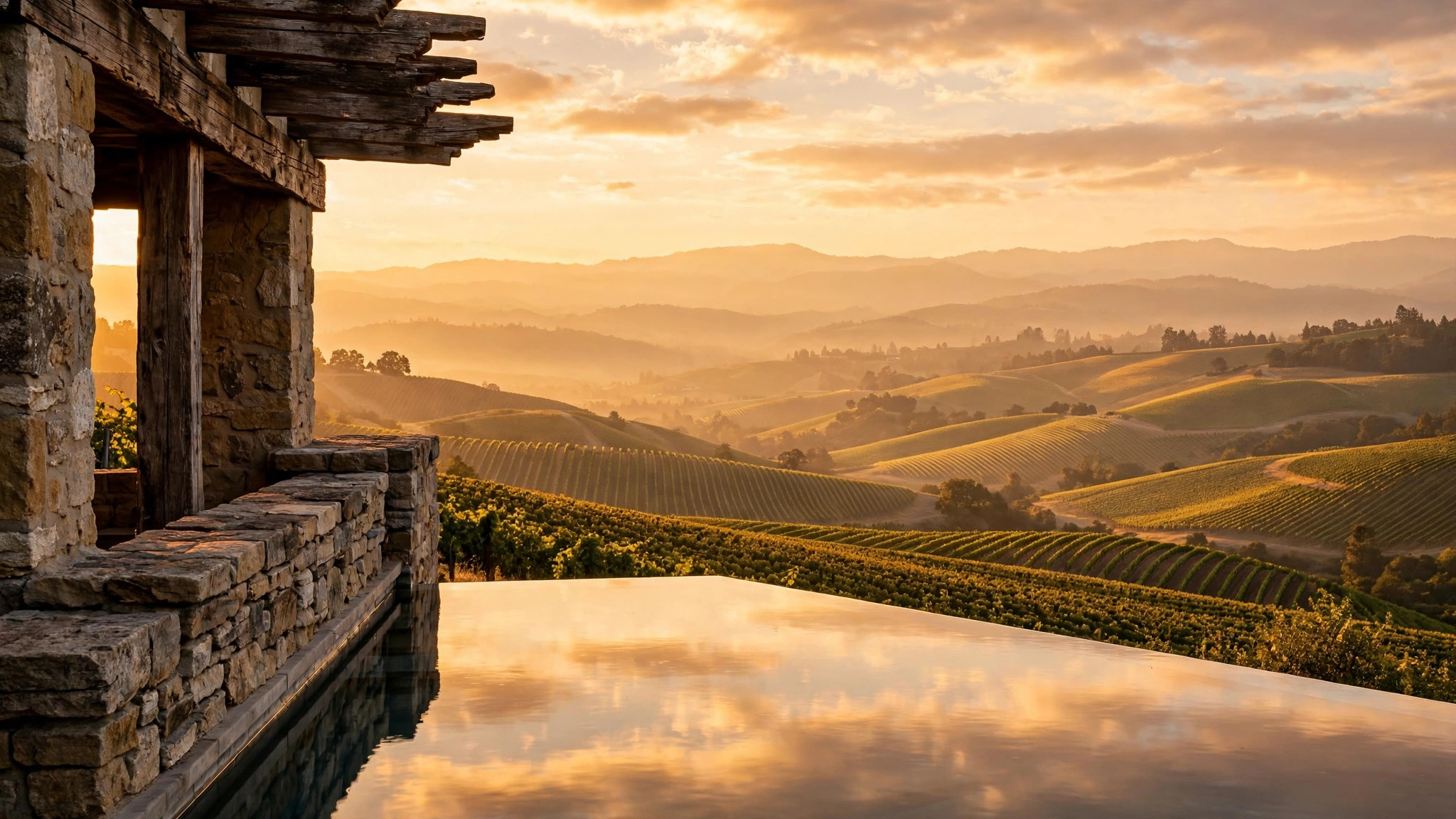 Golden hour over a Napa Valley hilltop estate terrace above vineyard rows