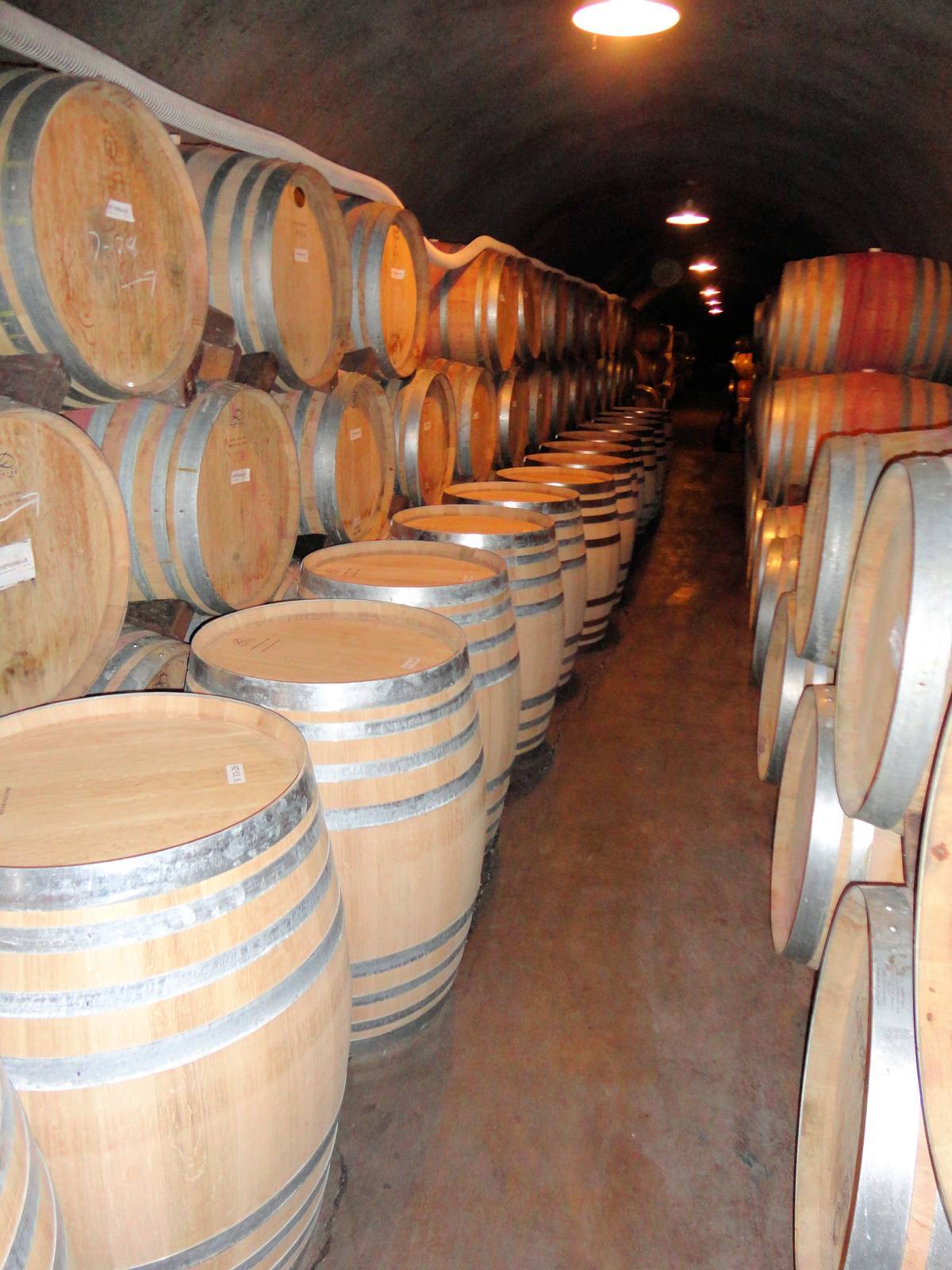 Oak barrels stacked in the barrel cave at Castello di Amorosa