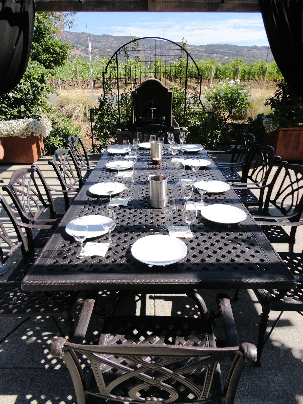 A long table set for an outdoor tasting at Black Stallion Winery, vineyard rows behind