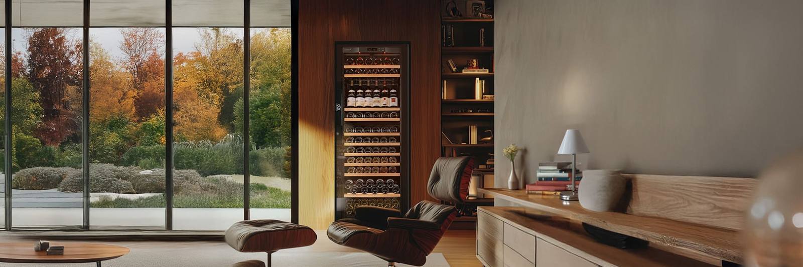 EuroCave Pure wine cabinet with full glass door displaying bottles in a living room