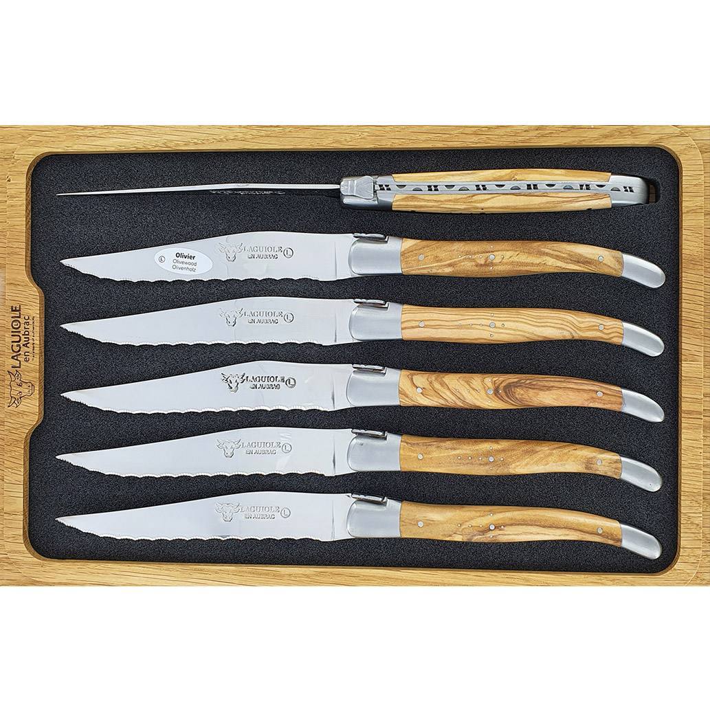 Set of six Laguiole en Aubrac steak knives with olivewood handles in an oak presentation case